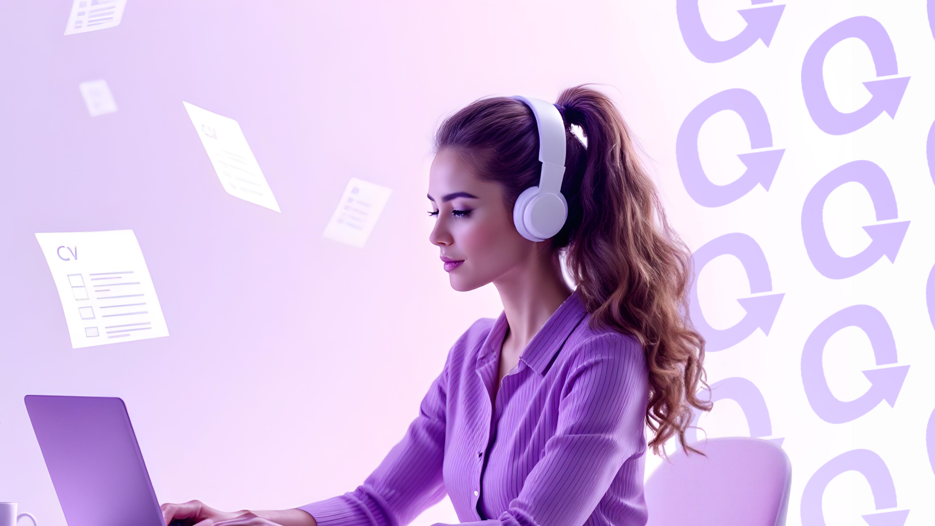Woman with headphones reviewing CVs on laptop in a modern recruitment setting with floating resumes
