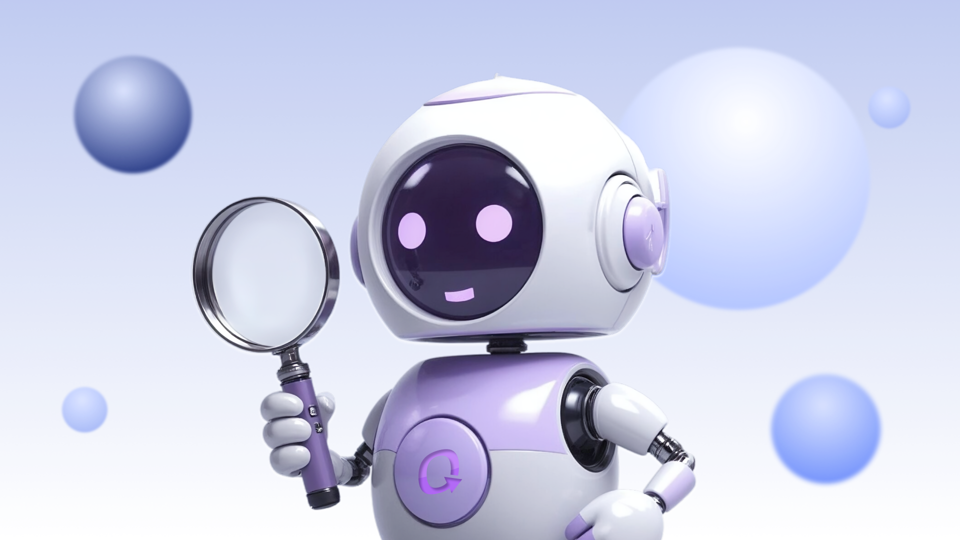 Friendly purple-and-white robot holding a magnifying glass, symbolizing job search and career guidance