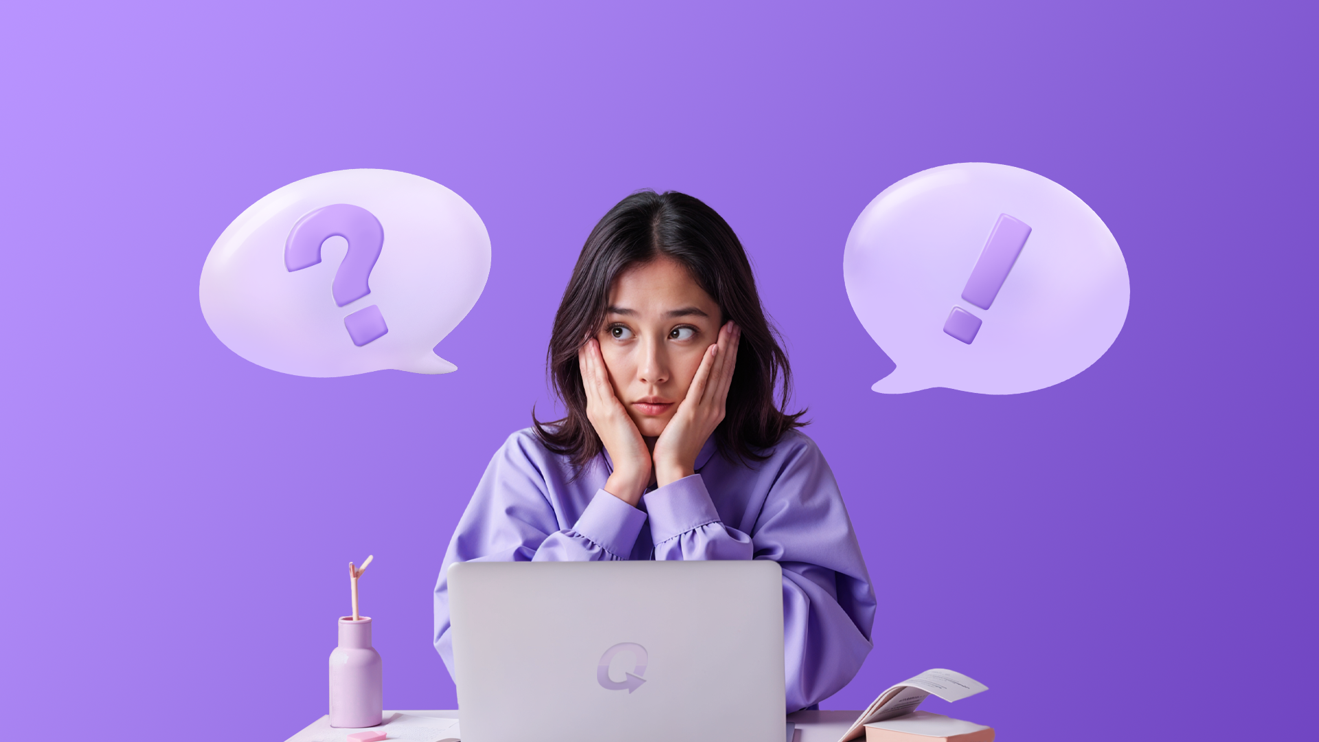 Worried woman in purple at a laptop, surrounded by question and exclamation mark icons, representing confusion during a job interview